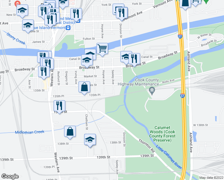 map of restaurants, bars, coffee shops, grocery stores, and more near 2062 135th Place in Blue Island