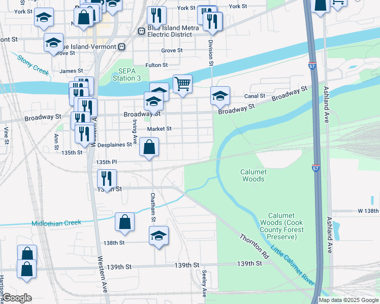 map of restaurants, bars, coffee shops, grocery stores, and more near 2062 135th Place in Blue Island