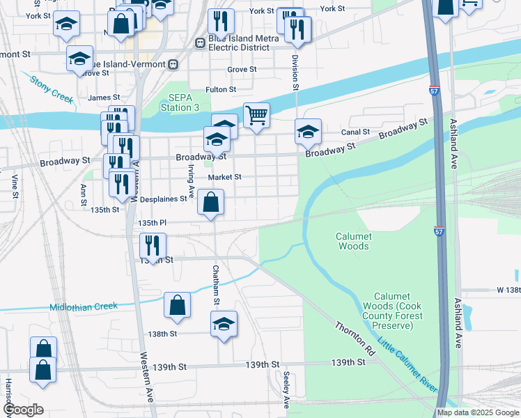 map of restaurants, bars, coffee shops, grocery stores, and more near 2062 135th Place in Blue Island