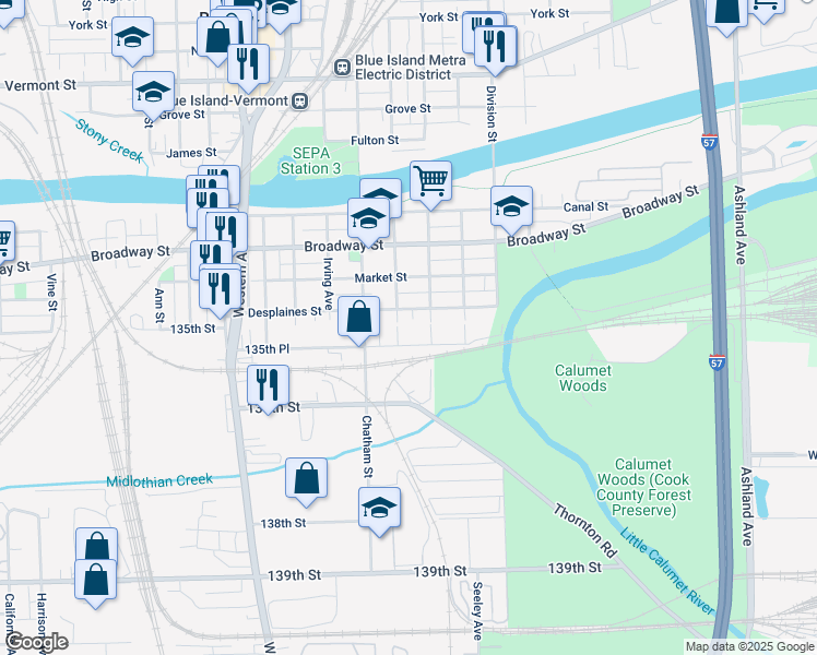 map of restaurants, bars, coffee shops, grocery stores, and more near 2125 135th Place in Blue Island
