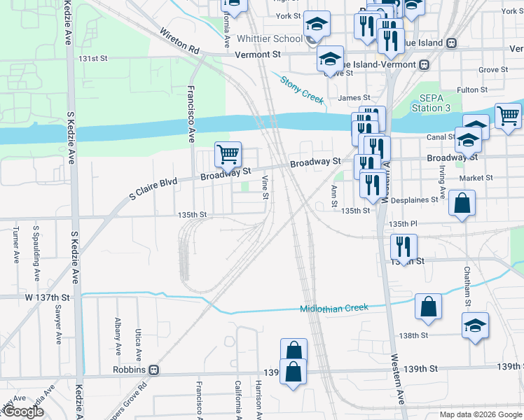 map of restaurants, bars, coffee shops, grocery stores, and more near 2749 135th Street in Blue Island