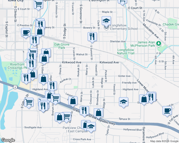 map of restaurants, bars, coffee shops, grocery stores, and more near 919 Ginter Avenue in Iowa City