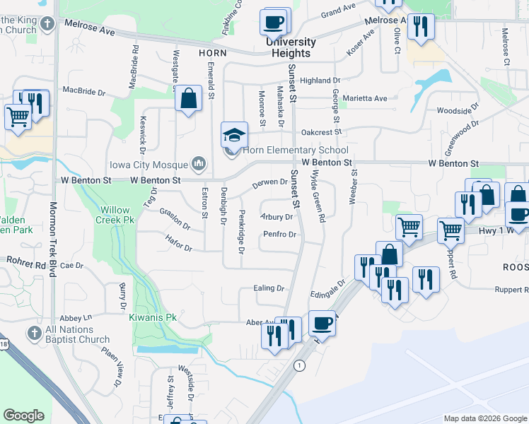 map of restaurants, bars, coffee shops, grocery stores, and more near 60 Penfro Dr in Iowa City