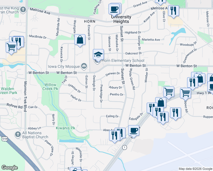 map of restaurants, bars, coffee shops, grocery stores, and more near 60 Penfro Dr in Iowa City