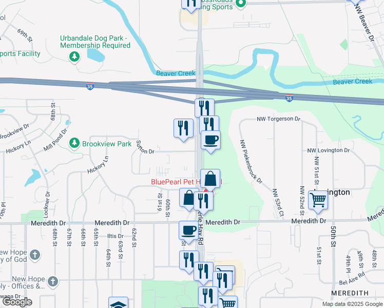 map of restaurants, bars, coffee shops, grocery stores, and more near 4770 Merle Hay Road in Urbandale