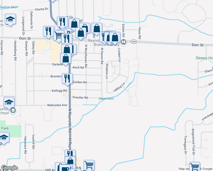 map of restaurants, bars, coffee shops, grocery stores, and more near 819 Shadow Lane in Toledo