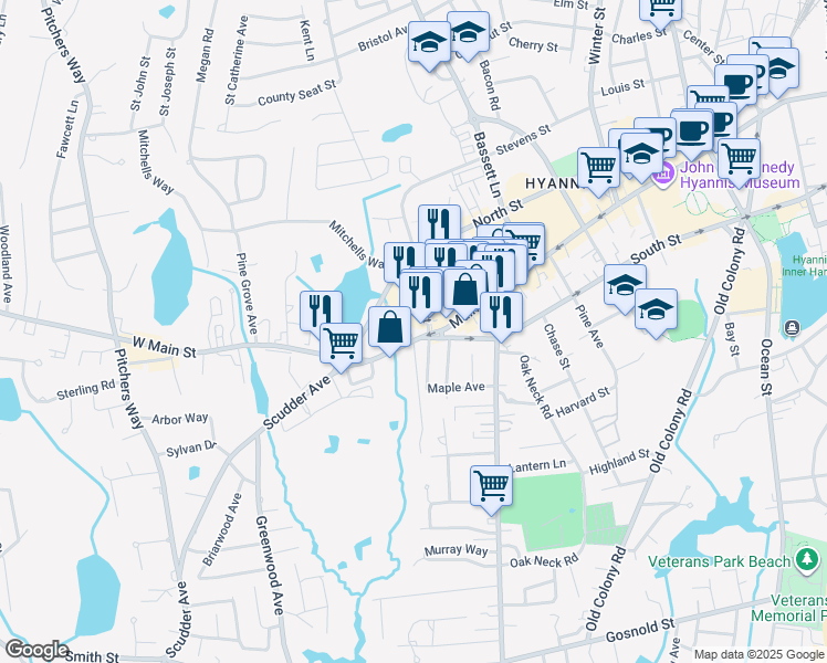 map of restaurants, bars, coffee shops, grocery stores, and more near 725 Main Street in Barnstable