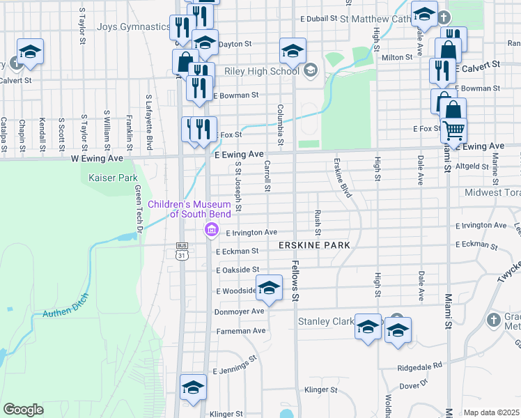 map of restaurants, bars, coffee shops, grocery stores, and more near 233 East Fairview Avenue in South Bend