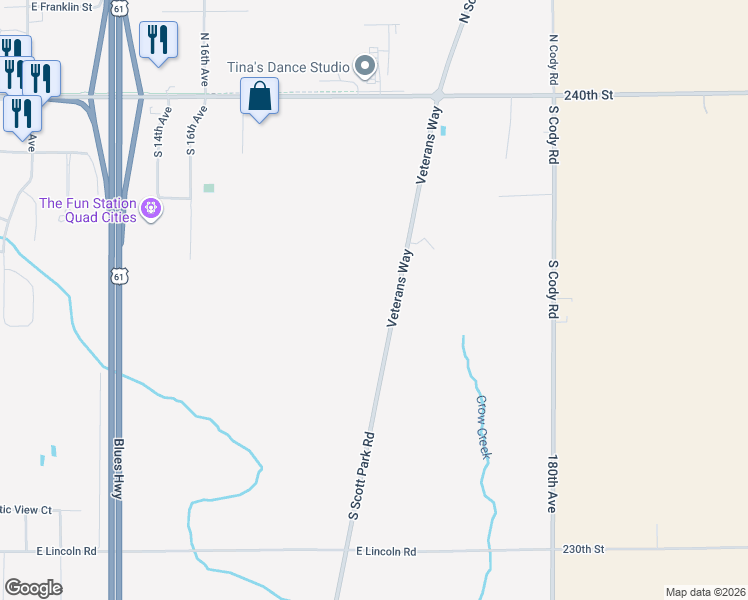 map of restaurants, bars, coffee shops, grocery stores, and more near 979 South Scott Park Road in Eldridge