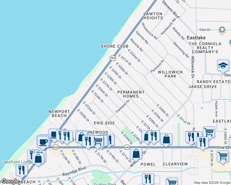 map of restaurants, bars, coffee shops, grocery stores, and more near 305 East 326th Street in Willowick