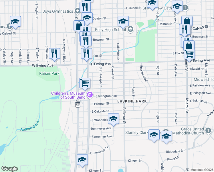 map of restaurants, bars, coffee shops, grocery stores, and more near 217 East Irvington Avenue in South Bend
