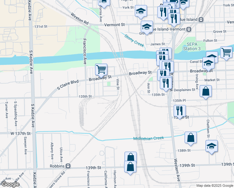 map of restaurants, bars, coffee shops, grocery stores, and more near 2062 West 135th Street in Blue Island