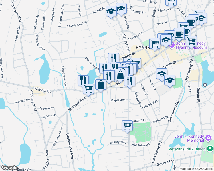 map of restaurants, bars, coffee shops, grocery stores, and more near 725 Main Street in Barnstable