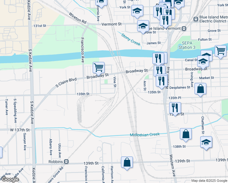map of restaurants, bars, coffee shops, grocery stores, and more near 2062 West 135th Street in Blue Island