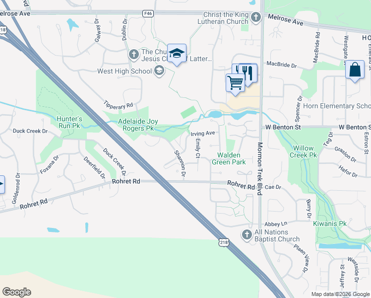 map of restaurants, bars, coffee shops, grocery stores, and more near Irving Avenue in Iowa City