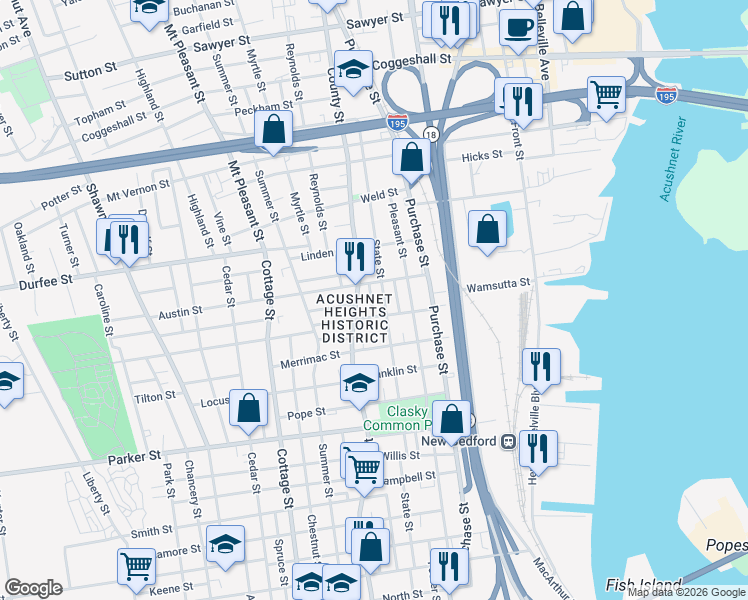 map of restaurants, bars, coffee shops, grocery stores, and more near 12 Hazard Court in New Bedford