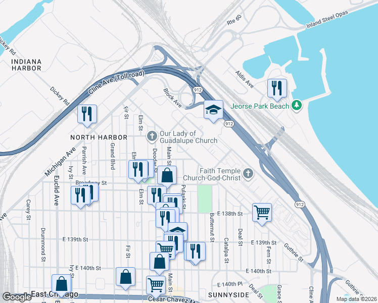 map of restaurants, bars, coffee shops, grocery stores, and more near 3608 Pulaski Street in East Chicago