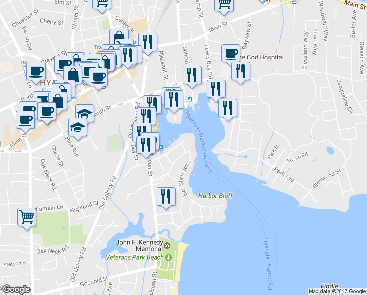 map of restaurants, bars, coffee shops, grocery stores, and more near 64 Daisy Bluff Road in Barnstable