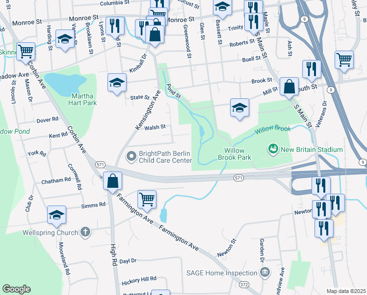 map of restaurants, bars, coffee shops, grocery stores, and more near 123 Clinic Drive in New Britain