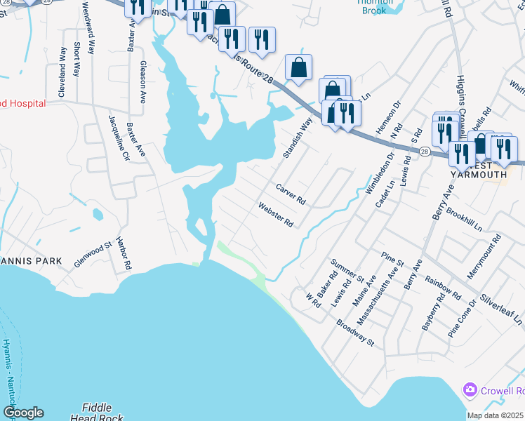 map of restaurants, bars, coffee shops, grocery stores, and more near 74 Standish Way in Yarmouth