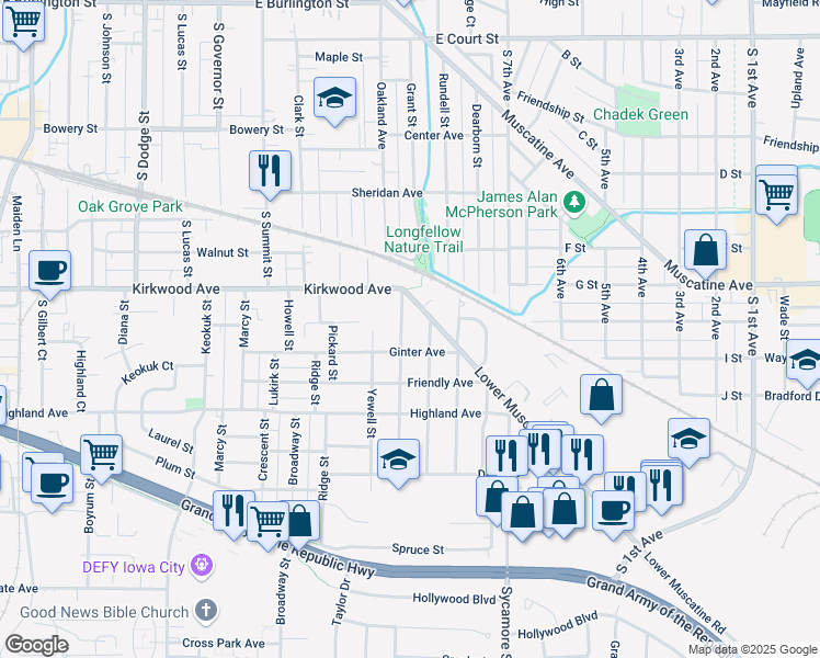 map of restaurants, bars, coffee shops, grocery stores, and more near 1410 Lower Muscatine Road in Iowa City