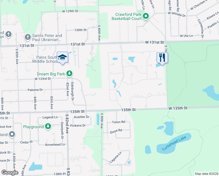 map of restaurants, bars, coffee shops, grocery stores, and more near 13451 South Westview Drive in Palos Heights