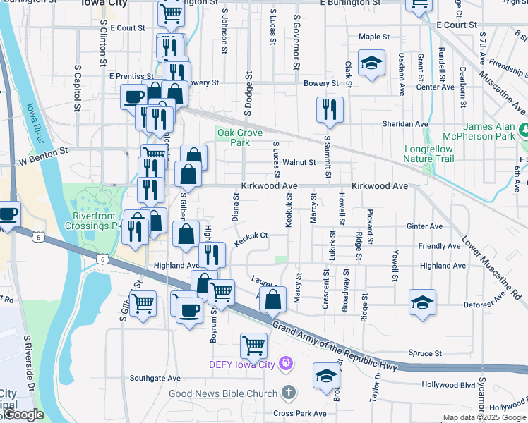 map of restaurants, bars, coffee shops, grocery stores, and more near 1030 Carroll Street in Iowa City