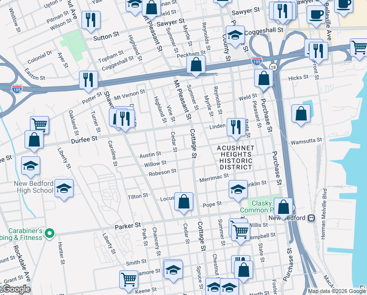 map of restaurants, bars, coffee shops, grocery stores, and more near 22 Collins Street in New Bedford
