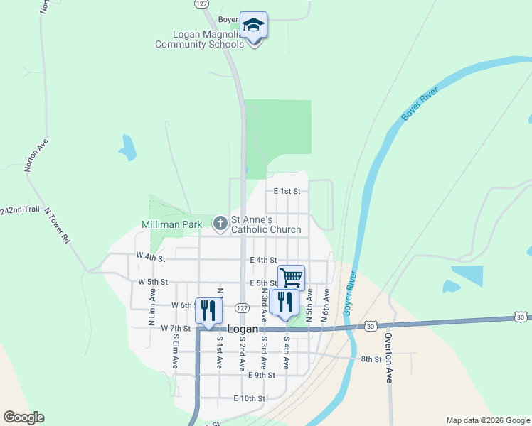 map of restaurants, bars, coffee shops, grocery stores, and more near 301 East 2nd Street in Logan