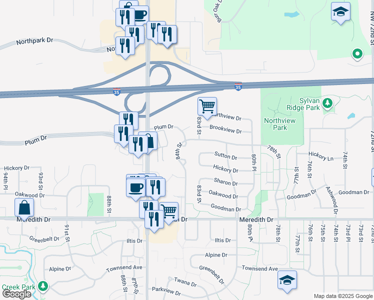 map of restaurants, bars, coffee shops, grocery stores, and more near 8400 Plum Drive in Urbandale