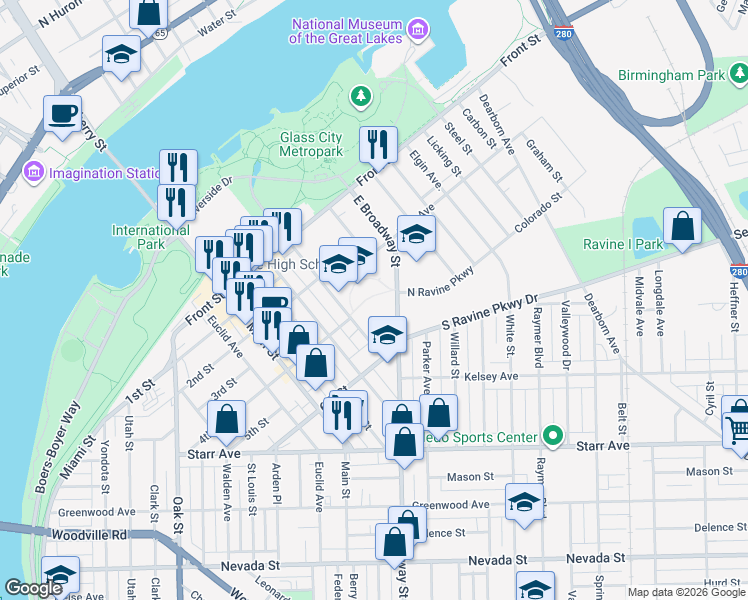 map of restaurants, bars, coffee shops, grocery stores, and more near 301 Morrison Drive in Toledo