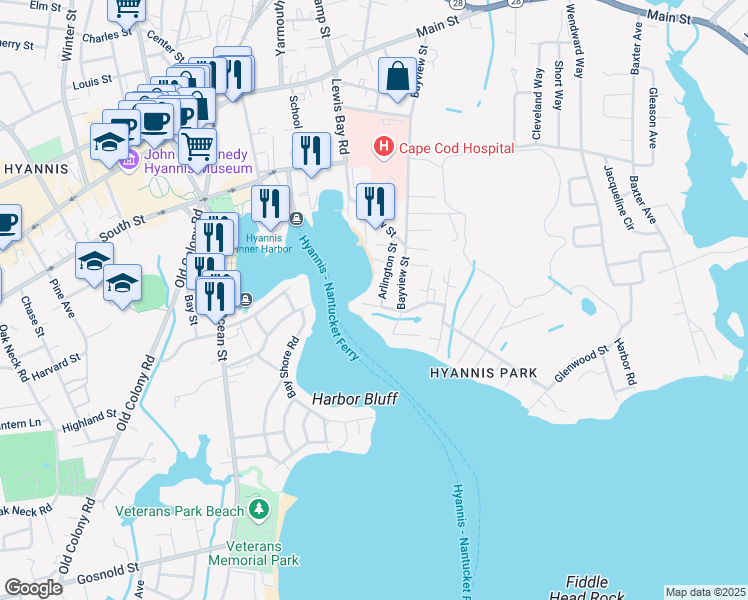 map of restaurants, bars, coffee shops, grocery stores, and more near 29 Arlington Street in Yarmouth