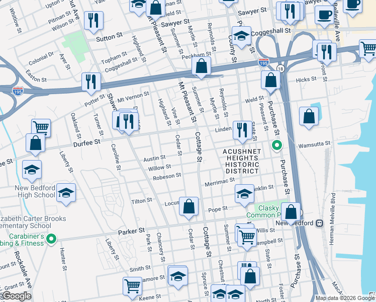 map of restaurants, bars, coffee shops, grocery stores, and more near 22 Collins Street in New Bedford