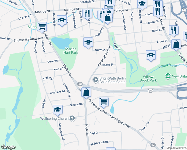 map of restaurants, bars, coffee shops, grocery stores, and more near 236 Kensington Avenue in New Britain