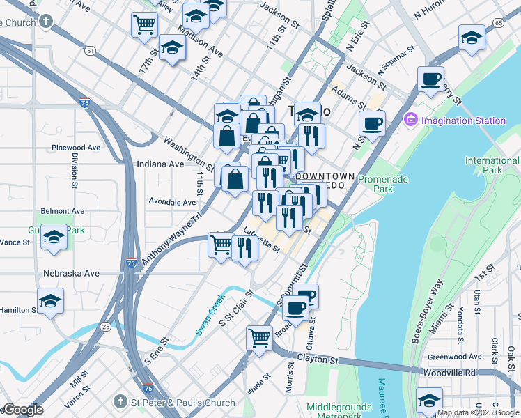 map of restaurants, bars, coffee shops, grocery stores, and more near 1 North Erie Street in Toledo