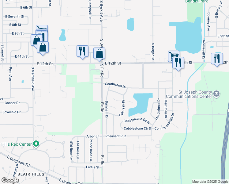 map of restaurants, bars, coffee shops, grocery stores, and more near 1439 Southwood Drive in Mishawaka