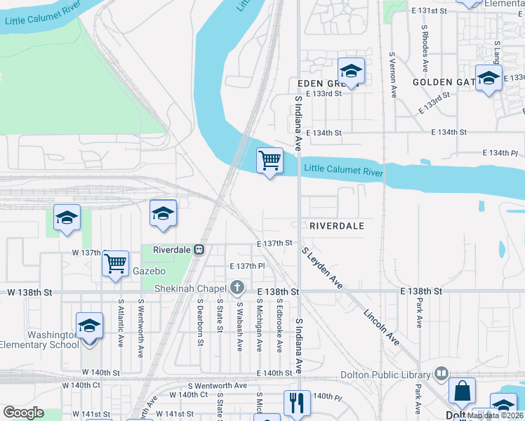 map of restaurants, bars, coffee shops, grocery stores, and more near 13550 South Indiana Avenue in Chicago