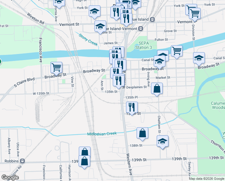 map of restaurants, bars, coffee shops, grocery stores, and more near 13414 Greenwood Avenue in Blue Island