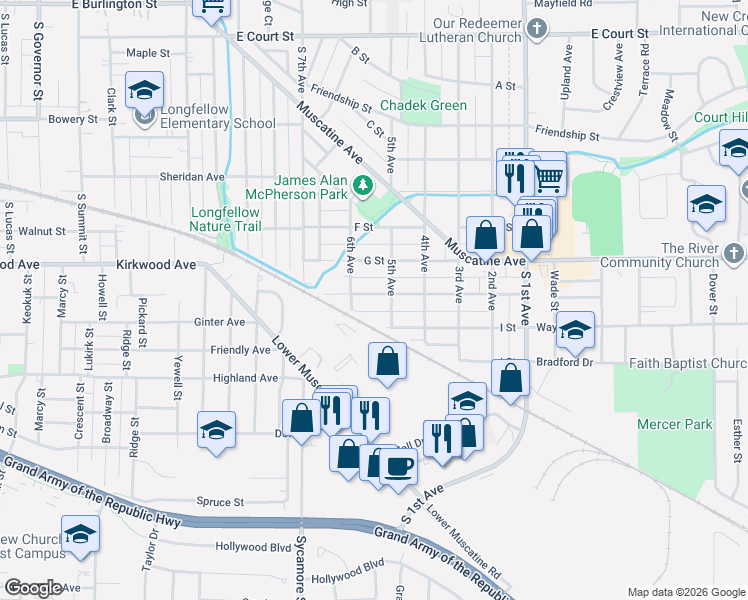 map of restaurants, bars, coffee shops, grocery stores, and more near 1012 6th Avenue in Iowa City