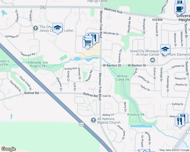 map of restaurants, bars, coffee shops, grocery stores, and more near 2441 Shady Glen Court in Iowa City