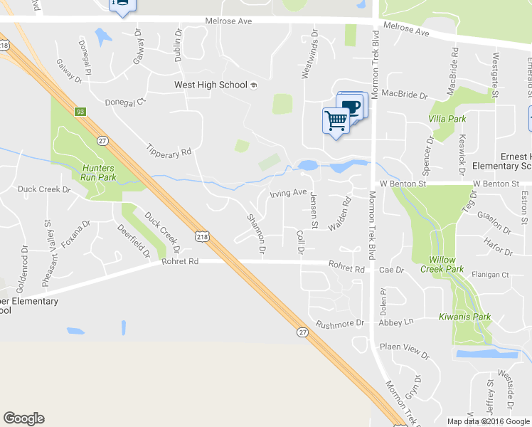map of restaurants, bars, coffee shops, grocery stores, and more near Irving Avenue in Iowa City