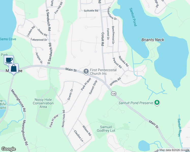 map of restaurants, bars, coffee shops, grocery stores, and more near 10 Lincoln Way in Mashpee