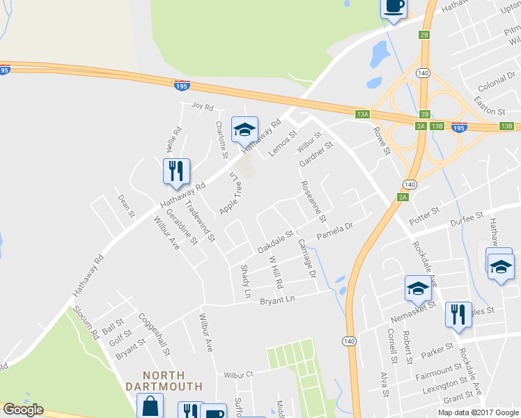 map of restaurants, bars, coffee shops, grocery stores, and more near 177-179 Oakdale Street in New Bedford