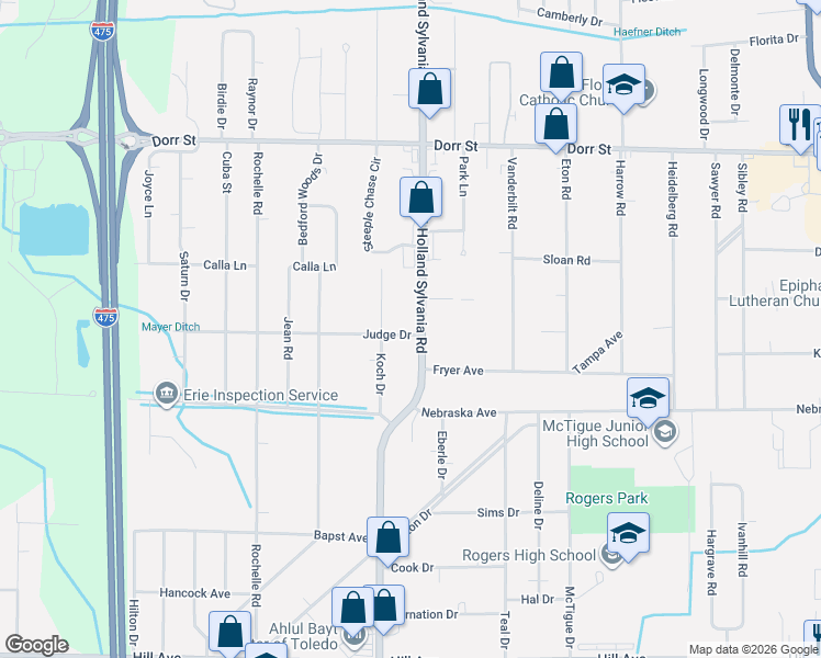 map of restaurants, bars, coffee shops, grocery stores, and more near 828 Koch Drive in Toledo
