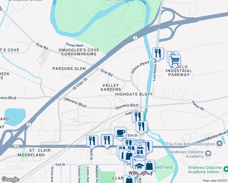 map of restaurants, bars, coffee shops, grocery stores, and more near 3656 Foothills Boulevard in Willoughby