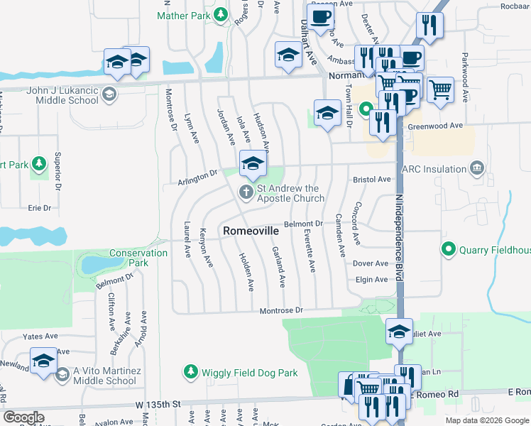 map of restaurants, bars, coffee shops, grocery stores, and more near 505 Kingston Drive in Romeoville