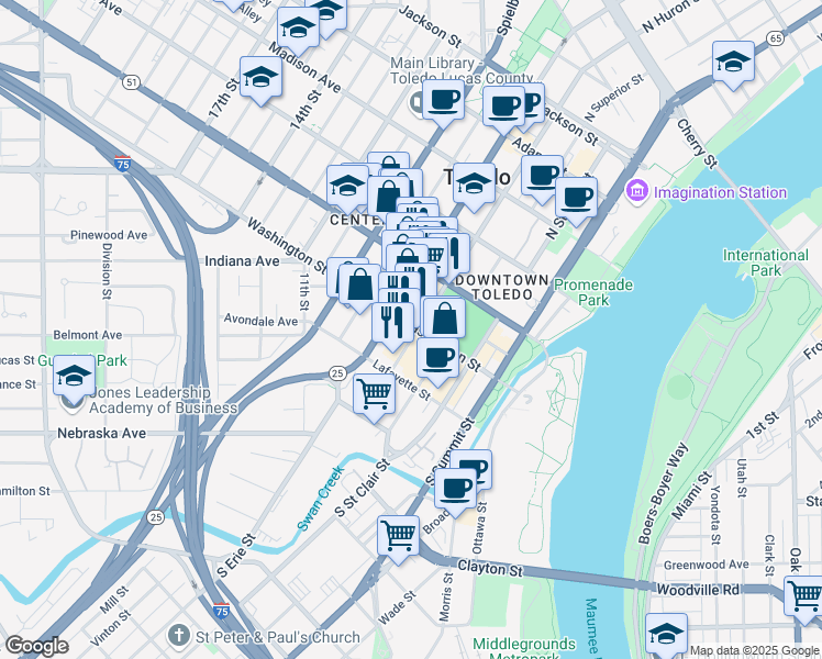 map of restaurants, bars, coffee shops, grocery stores, and more near 601 Washington Street in Toledo