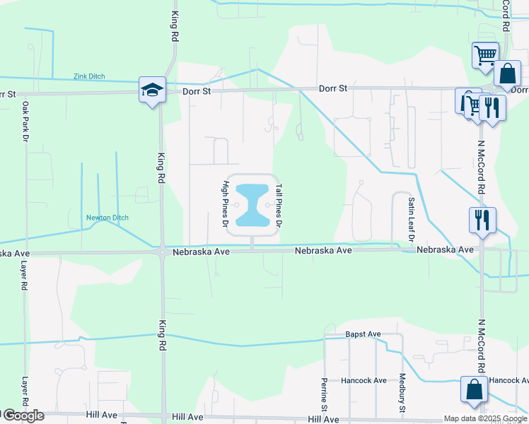map of restaurants, bars, coffee shops, grocery stores, and more near 7325 Balsum Court in Toledo