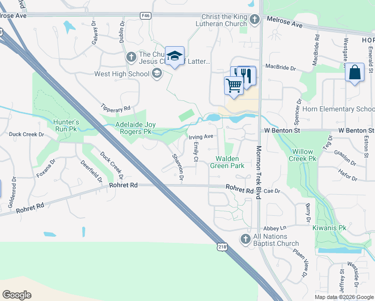 map of restaurants, bars, coffee shops, grocery stores, and more near 1104 Emily Court in Iowa City