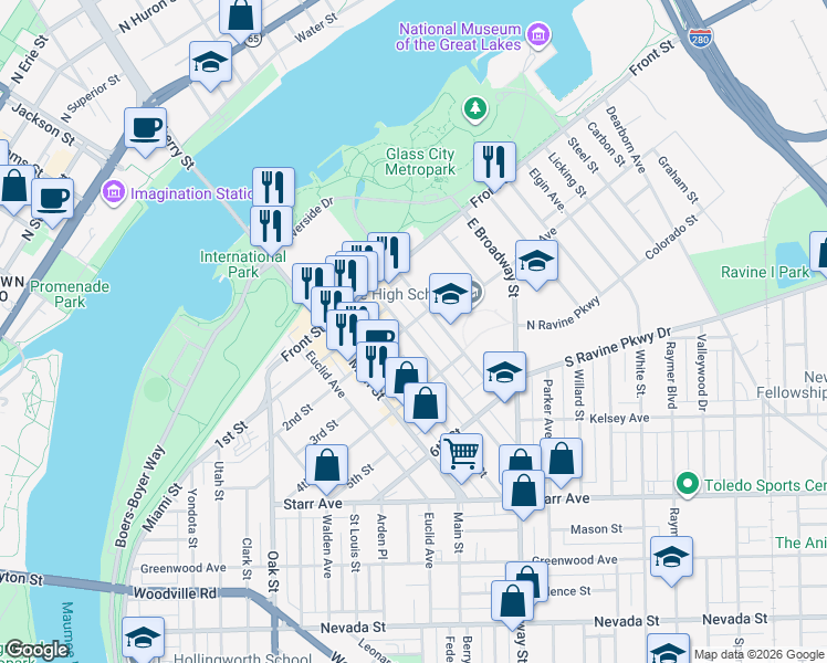 map of restaurants, bars, coffee shops, grocery stores, and more near 804 2nd Street in Toledo